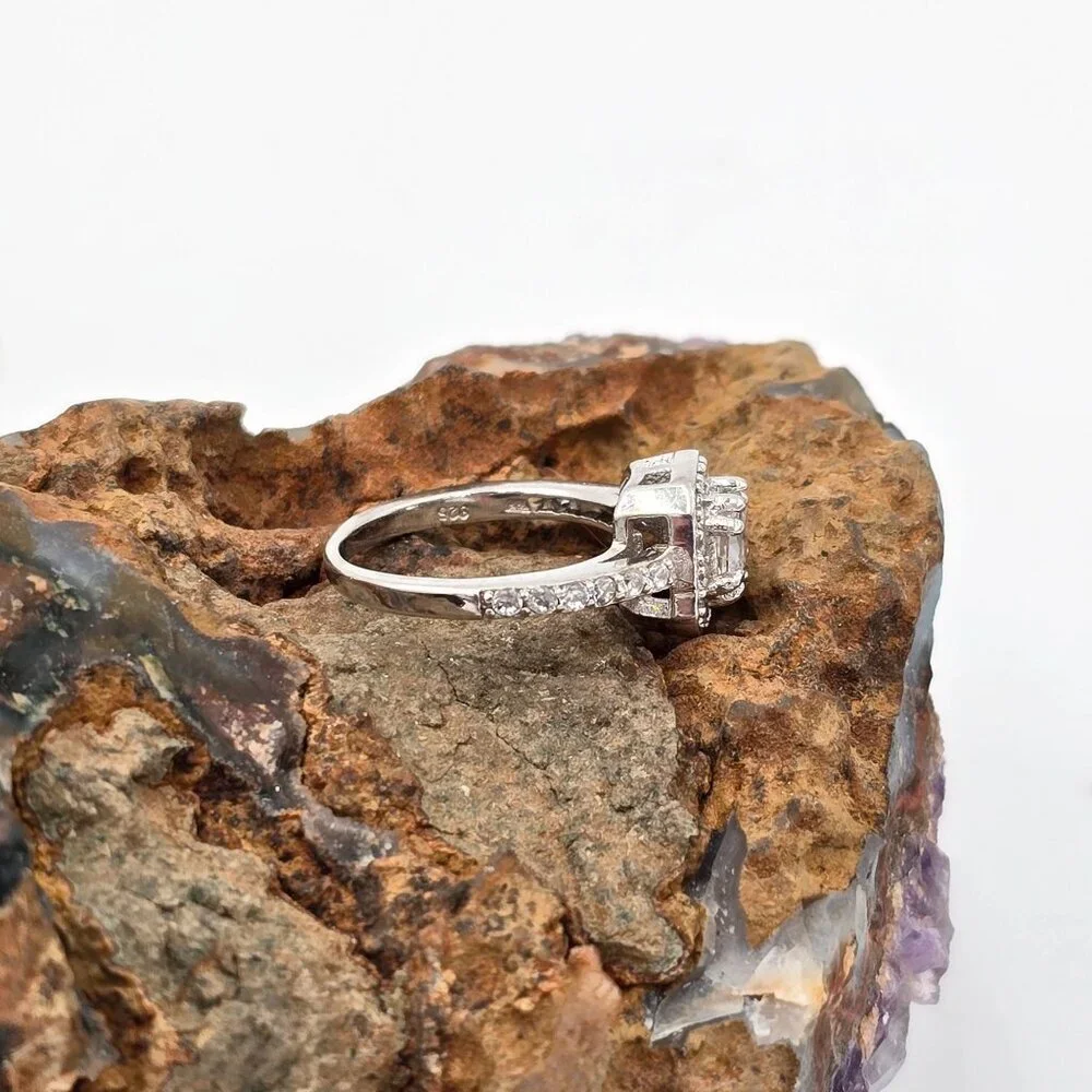 Sterling Silver 925 Halo Engagement Ring Size 3.75 Cushion Cut Cubic Zirconia